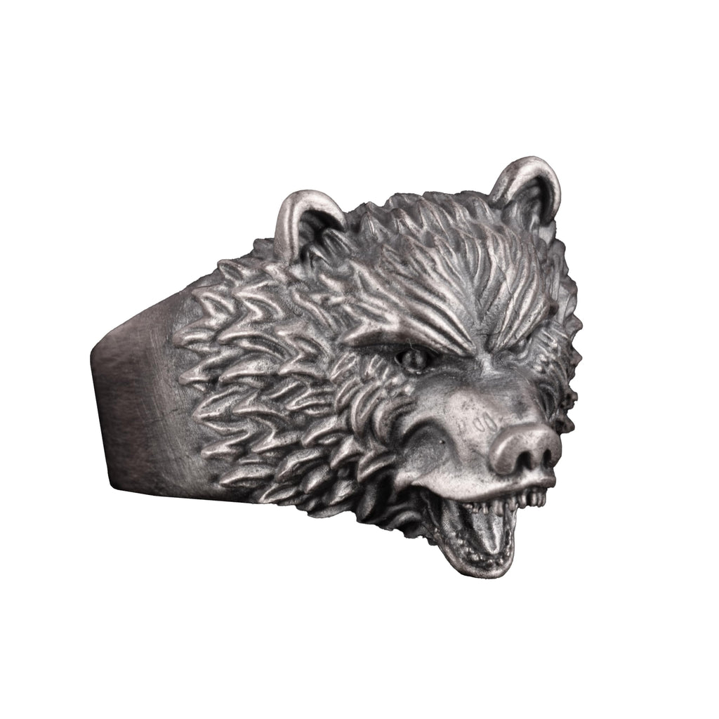 KAMBO Handmade 925 Sterling Silver Bear Head Men’s Ring - Gothic Angry Bear Design, Animal Motif Statement Jewelry, Vint