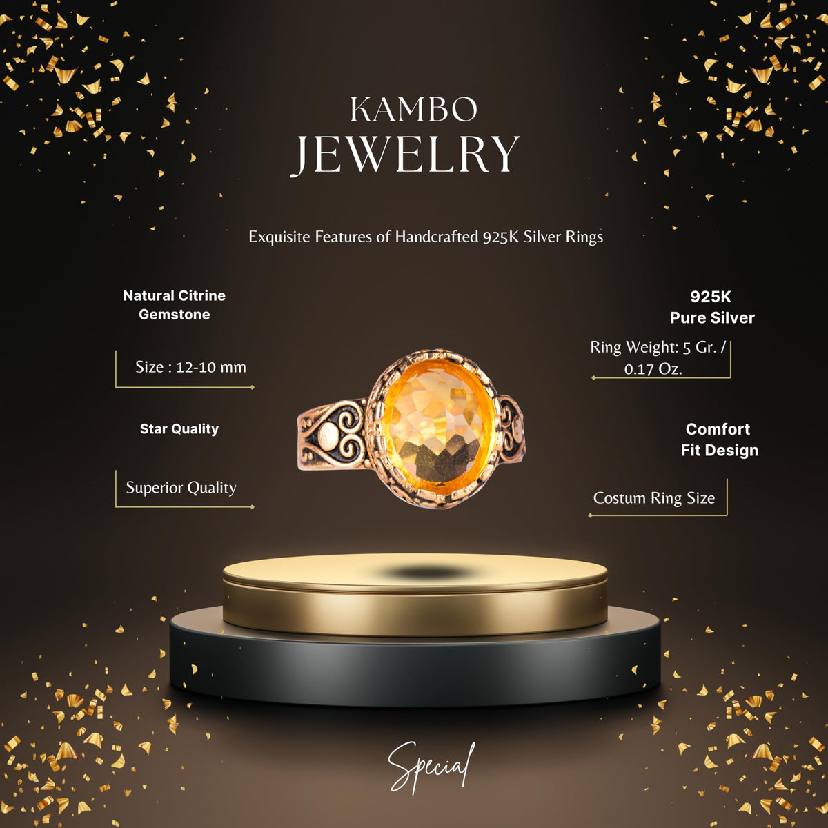 KAMBO Gold Plated 925 Sterling Silver Crafted Stone Women's Ring, Handmade Vintage Design (Made Citrine) — 2