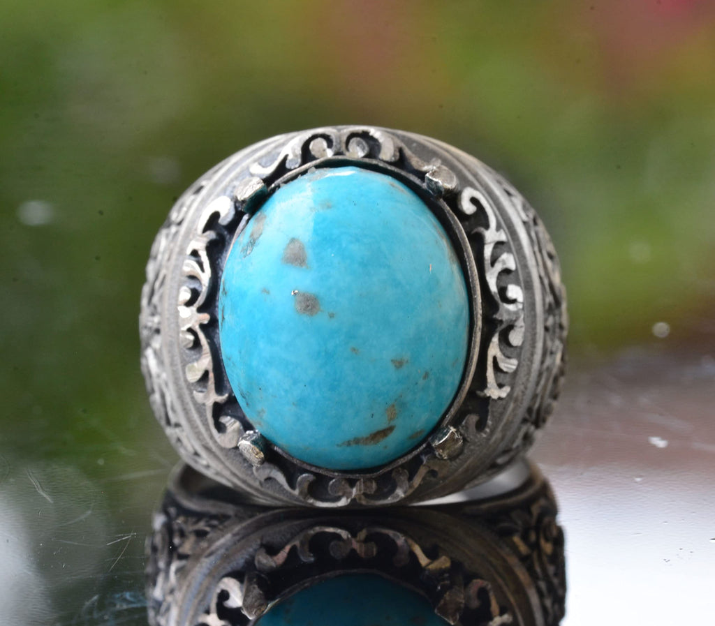 KAMBO Handmade Men's Ring with Natural Turquoise Stone in 925 Sterling Silver, Vintage Style-1 Design, Statement Jewelry