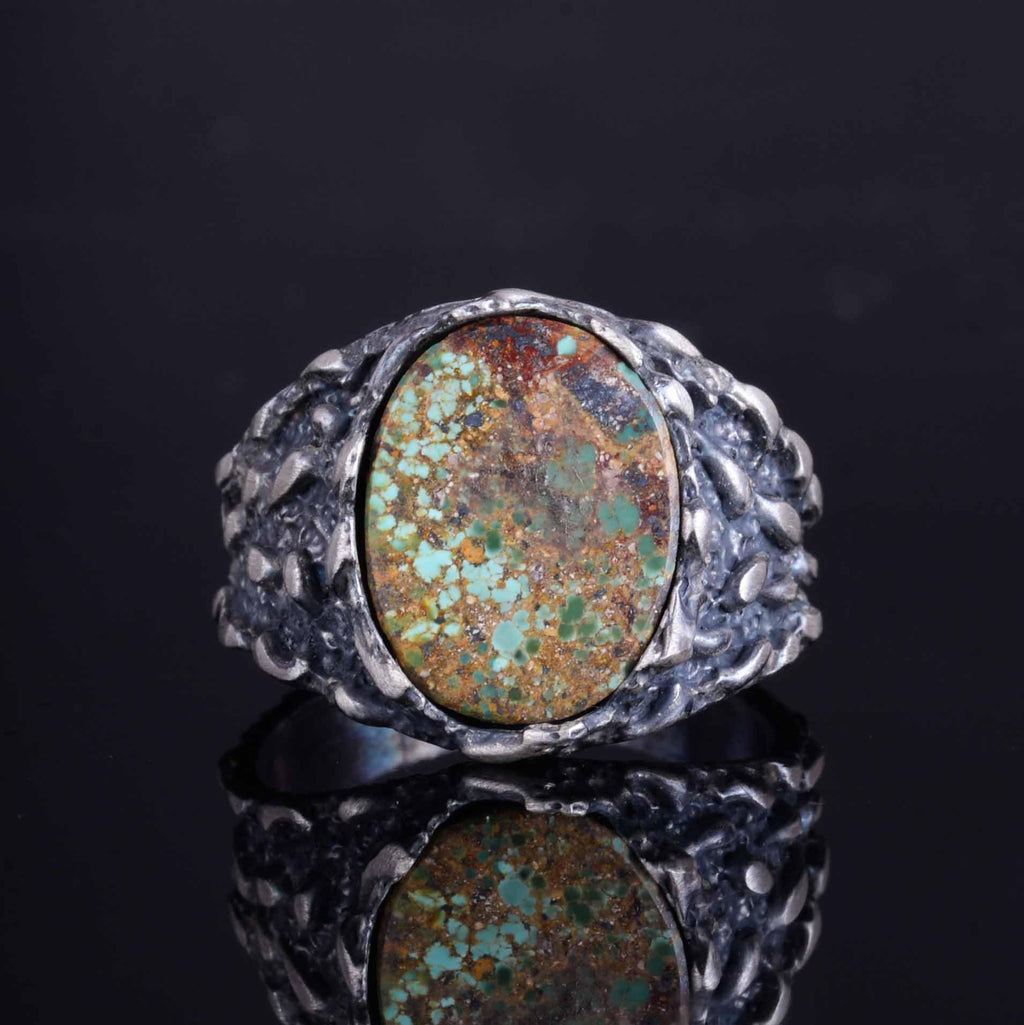 KAMBO Men's Natural Turquoise Stone Ring – 925 Sterling Silver Handmade Sturdy Texture Ring – Unique Artisan Design — 4
