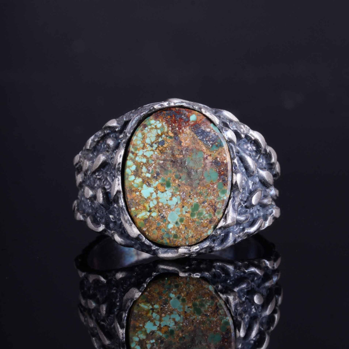 KAMBO Men's Natural Turquoise Stone Ring – 925 Sterling Silver Handmade Sturdy Texture Ring – Unique Artisan Design — 4