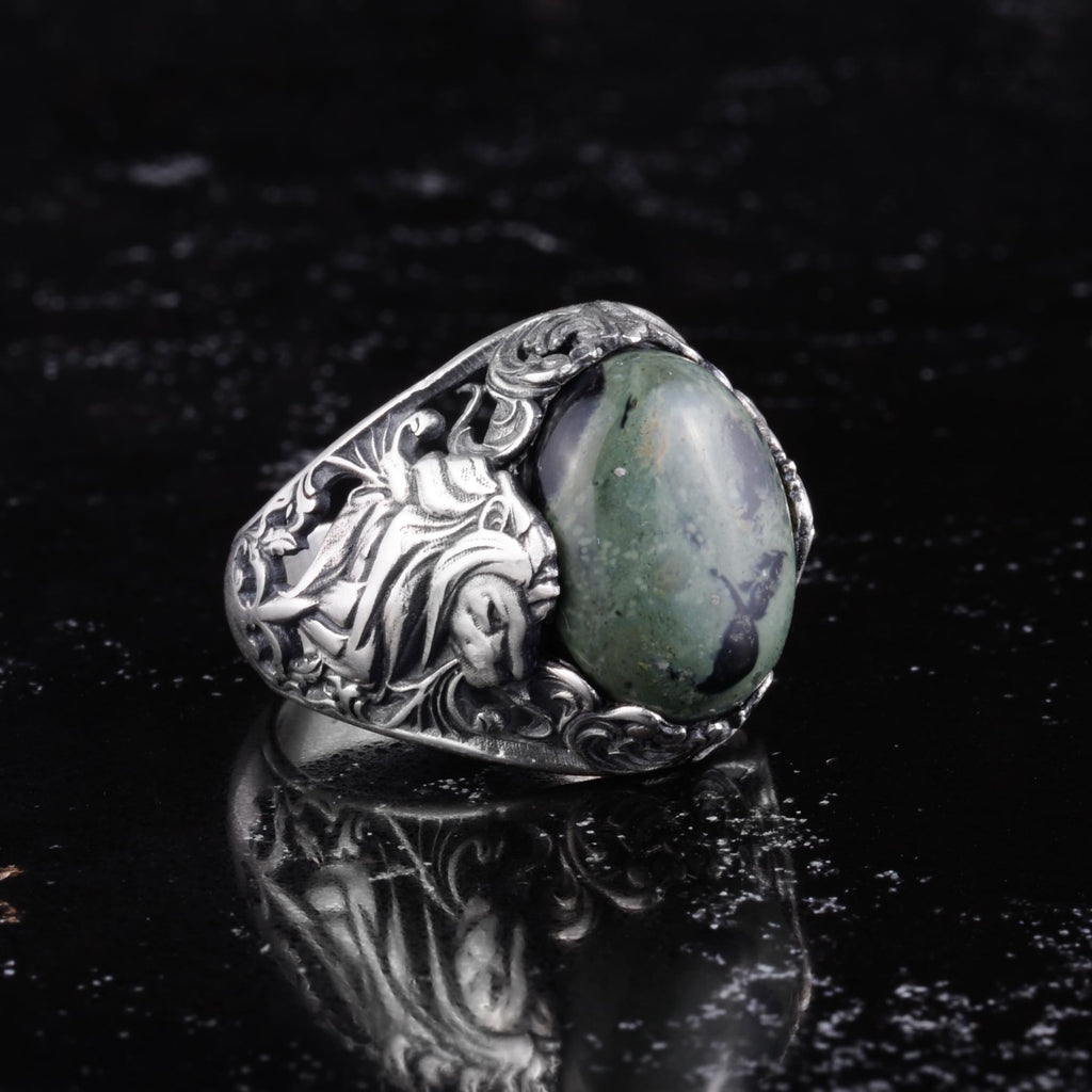 KAMBO Natural Stone Men's Ring 925 Sterling Silver - Large Flower Engraved Statement Ring - Handmade Vintage Ring for Men (Green Evil Eye) — 6
