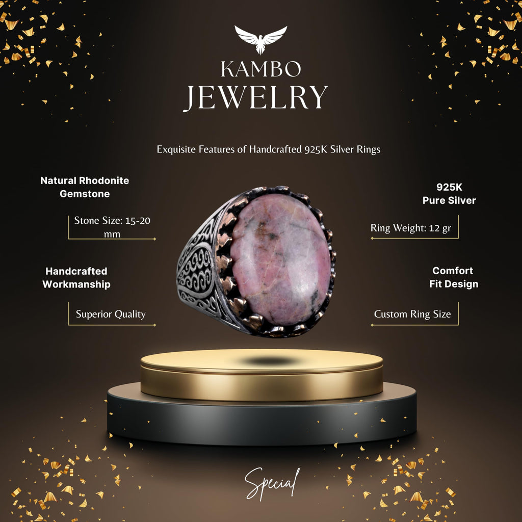 925 Sterling Silver Men's Ring - Natural Rhodonite Stone — 2