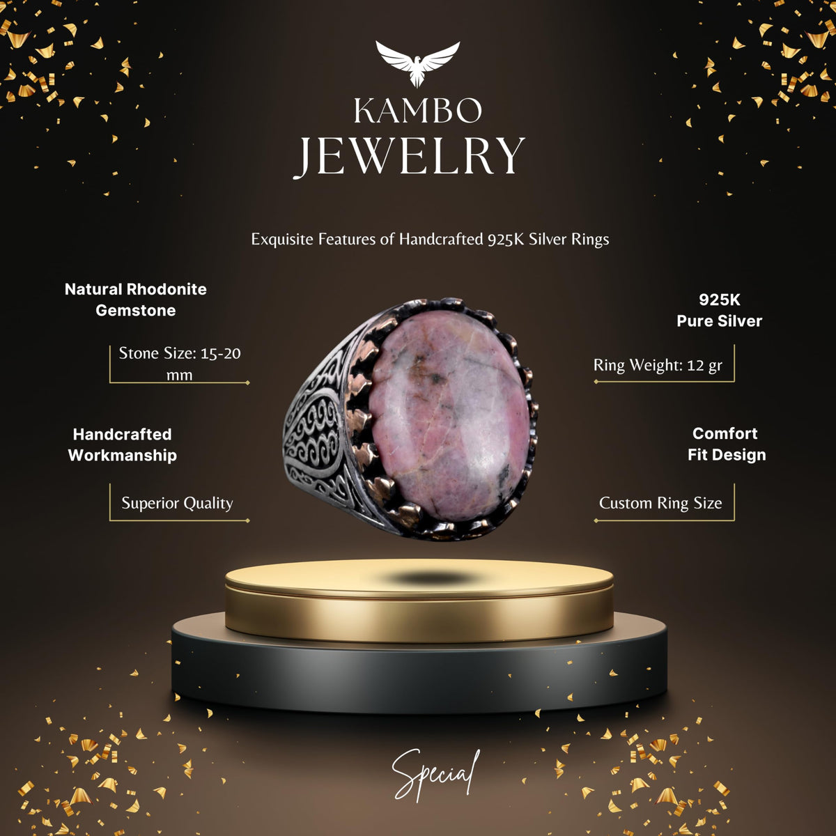 925 Sterling Silver Men's Ring - Natural Rhodonite Stone — 2