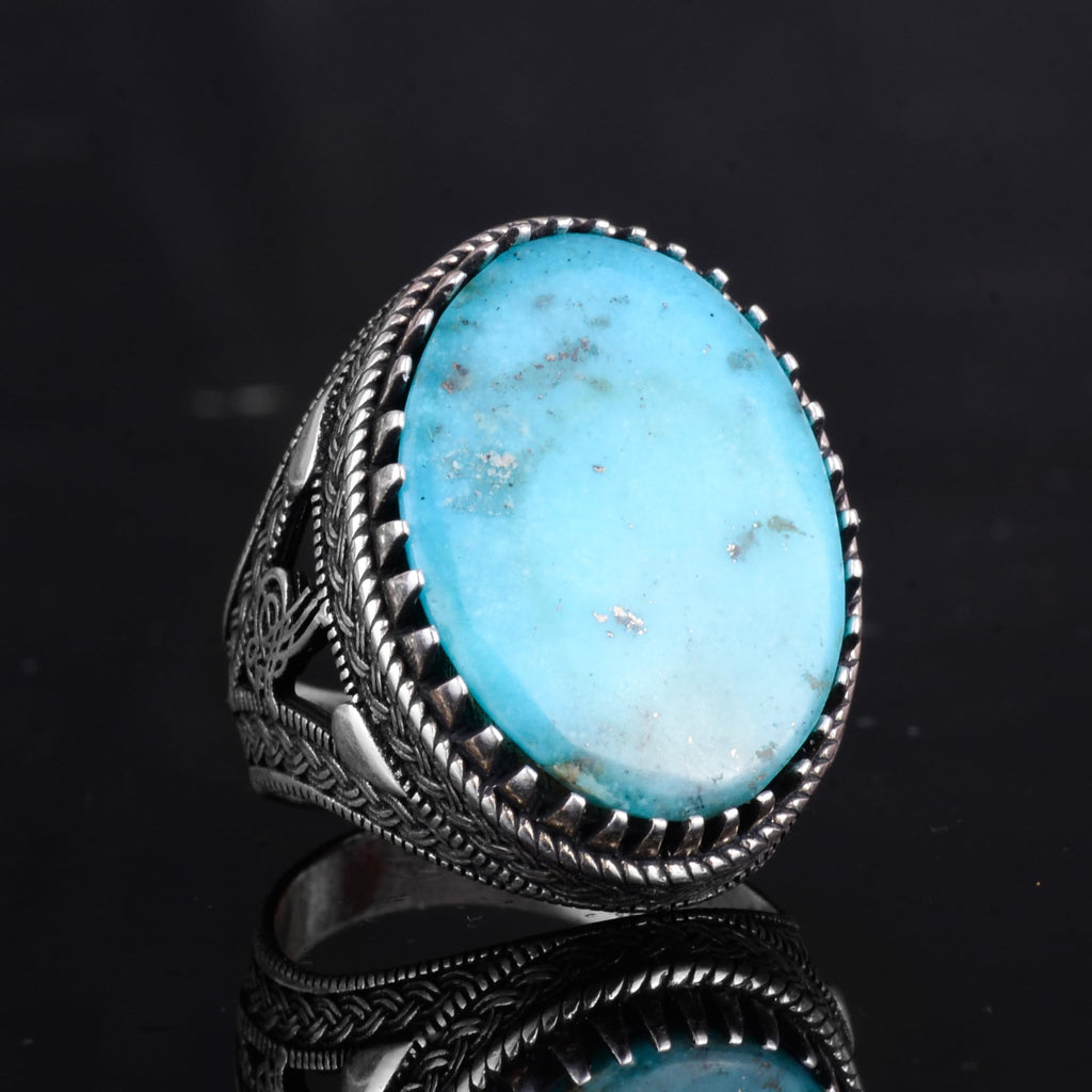 KAMBO Ottoman Tugra Design Natural Turquoise Stone Ring - 925 Sterling Silver Handmade Men's Ring (Style-5) — 4