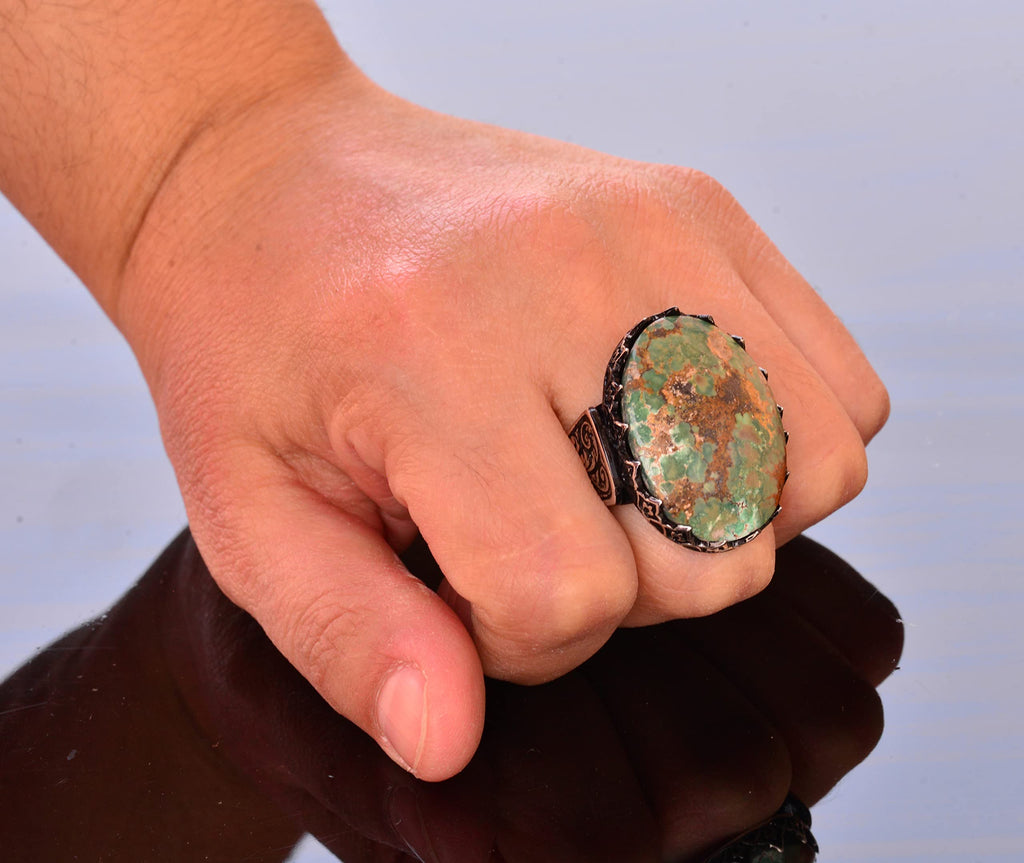 Kambo Natural Turquoise Gemstone Ring - Large Men's Ring - 925 Solid Silver Unique Ring (Style-1) (Style-3) — 7