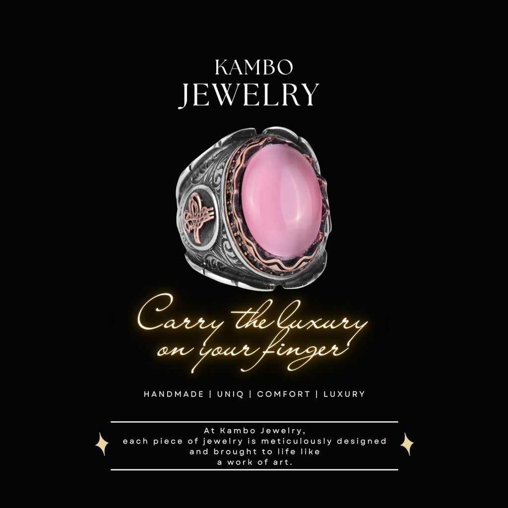 KAMBO Pink Cat's Eye Stone Ring, Ottoman Tughra Silver Ring, 925 Sterling Silver Stone Ring – Various Collection — 3