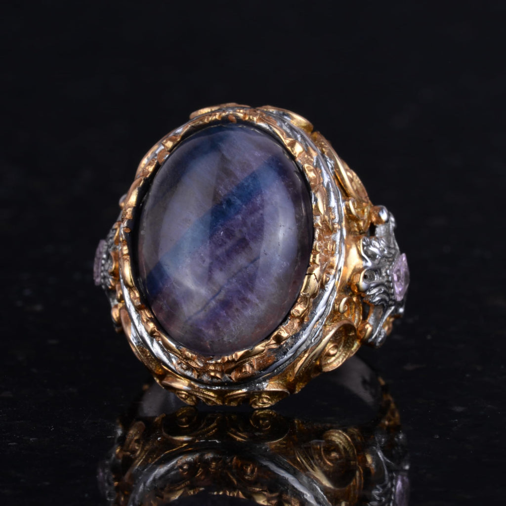 KAMBO Genuine Natural Stone Ring - Men's Sultan Ring - Gold Plated 925 Sterling Silver Ring - Handmade Ring (Fluorite) — 6