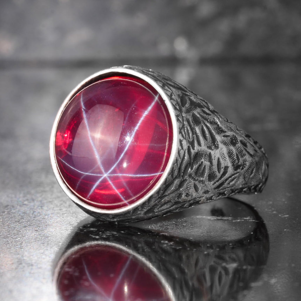 KAMBO Natural Stone Men's Ring 925 Sterling Silver Round Cabochon Handmade Statement Ring Stone (Star Ruby) — 5