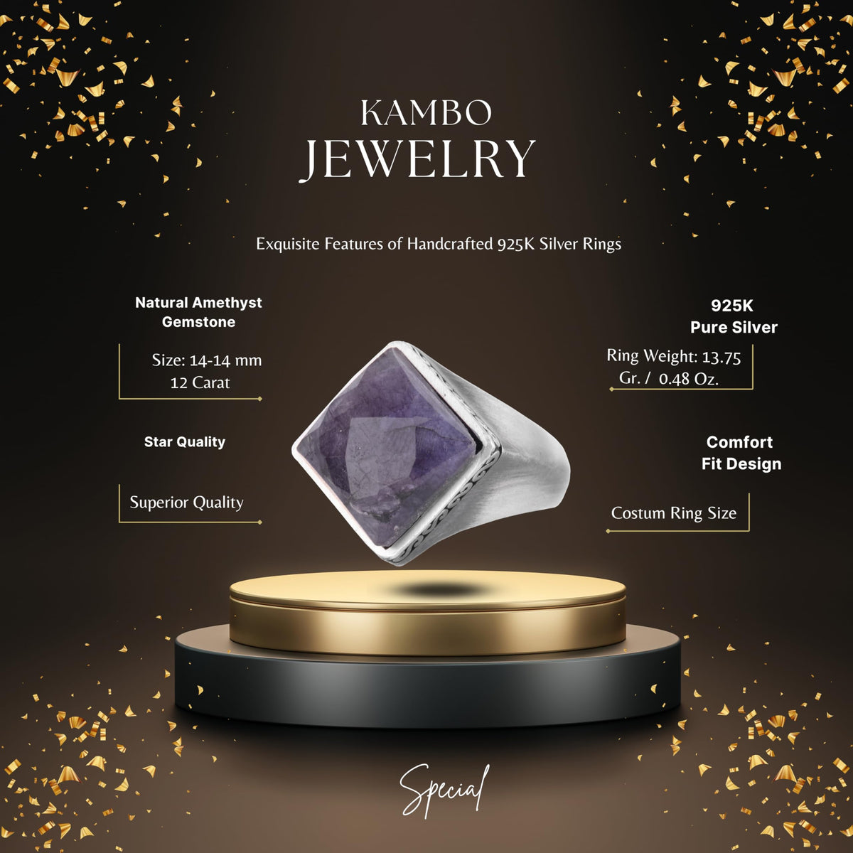 KAMBO Natural Stone Men's Ring 925 Sterling Silver – Square Cut Stone Handmade Minimalist Statement Ring (Amethyst) — 2