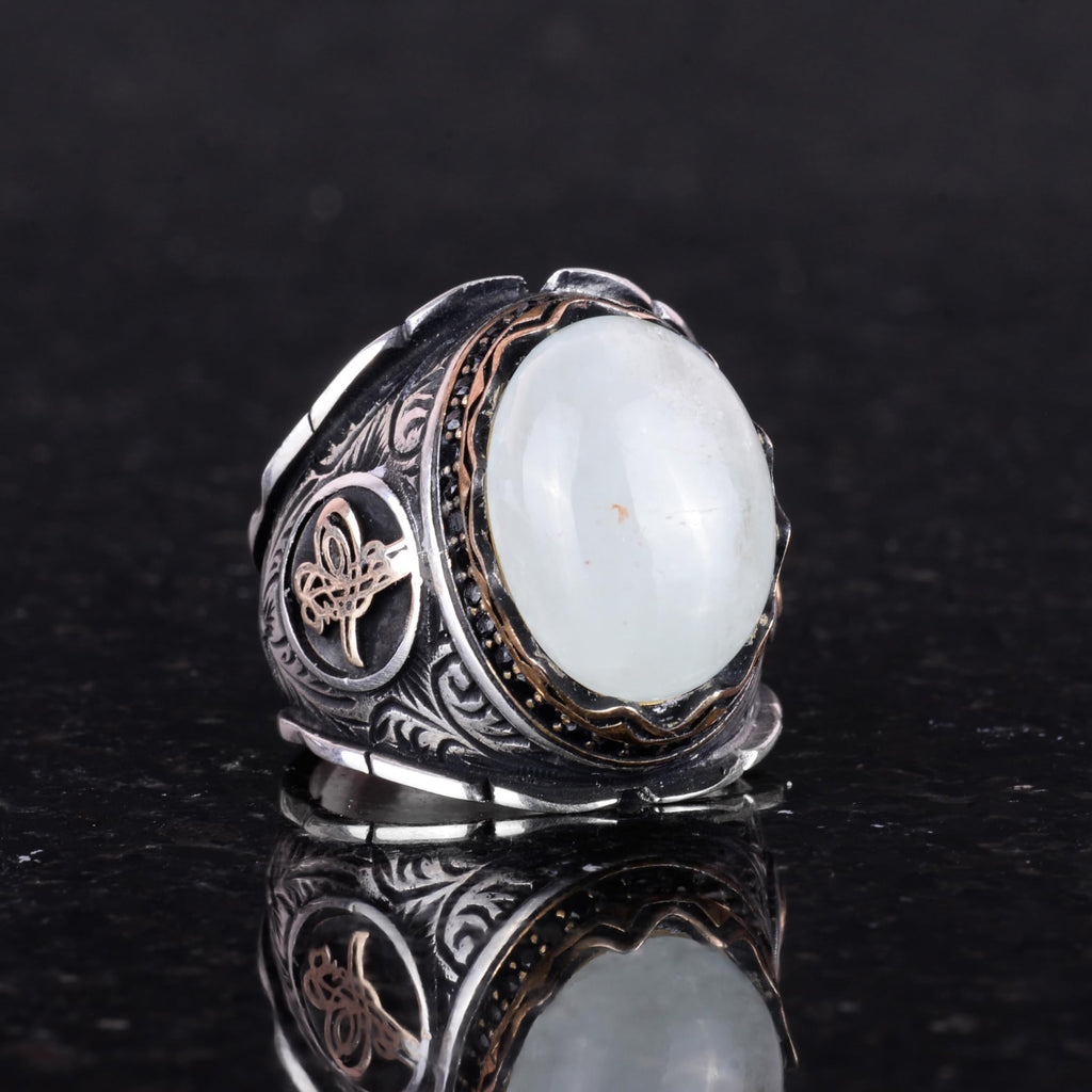Natural Cabochon Aquamarine Stone Ring, Ottoman Tugra Silver Ring — 4