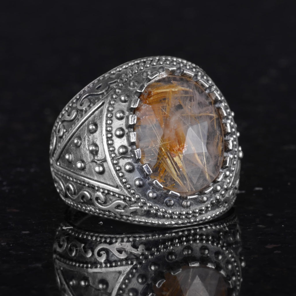 Natural Stone Ring, 925 Sterling Silver Men's Ring (Rutilated Quartz) — 5