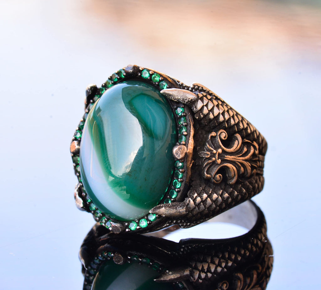 Handmade 925 Sterling Silver Men's Ring, Natural Green Agate Stone, Intricate Claw Design, Different Band Ring — 3