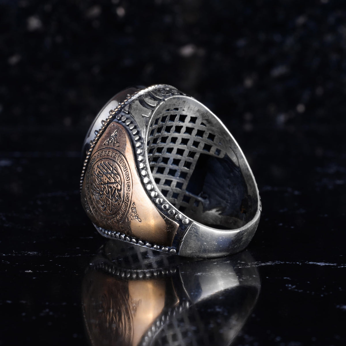 KAMBO Natural Hematite Stone Men's Ring – 925 Sterling Silver Arabic Calligraphy Detailed Star of David Embroidered Ring – Vintage Expressive Handmade Ring — 6