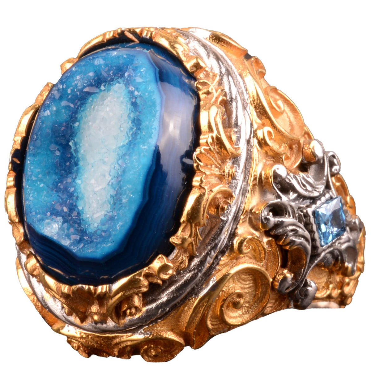 Natural Druzy Quartz Stone Silver Ring - Silver Men's Large Ring