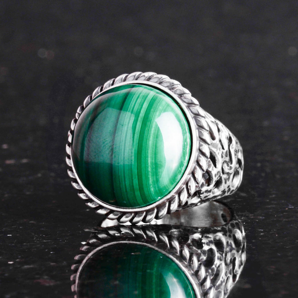 Natural Stone Ring - 925 Sterling Silver Men's Ring with Malachite — 4