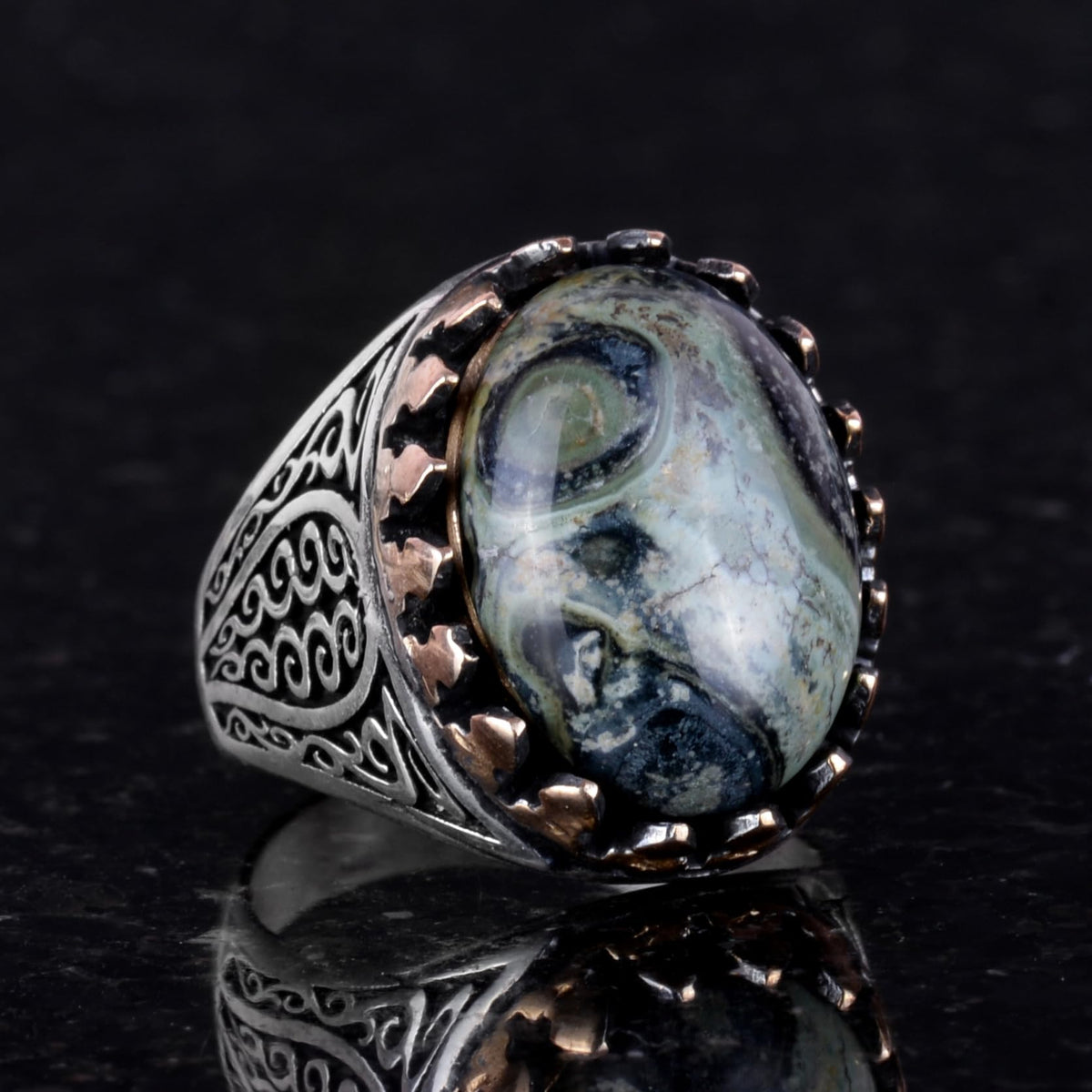 925 Sterling Silver Men's Ring - Natural Green Eye Stone — 3