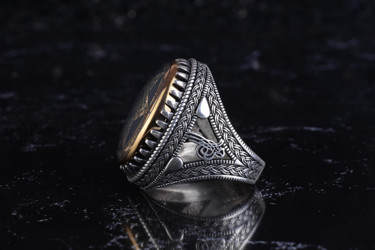 KAMBO Men's Natural Hematite Stone Ring – 925 Sterling Silver Large Statement Ring – Arabic Seal Engraved Islamic Design — 6
