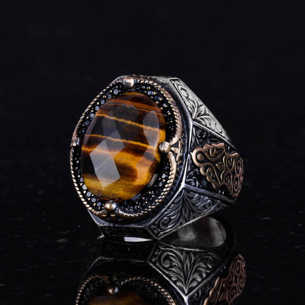 Handmade Natural Tiger Eye Stone Ring - 925 Sterling Silver Men's Ring — 6
