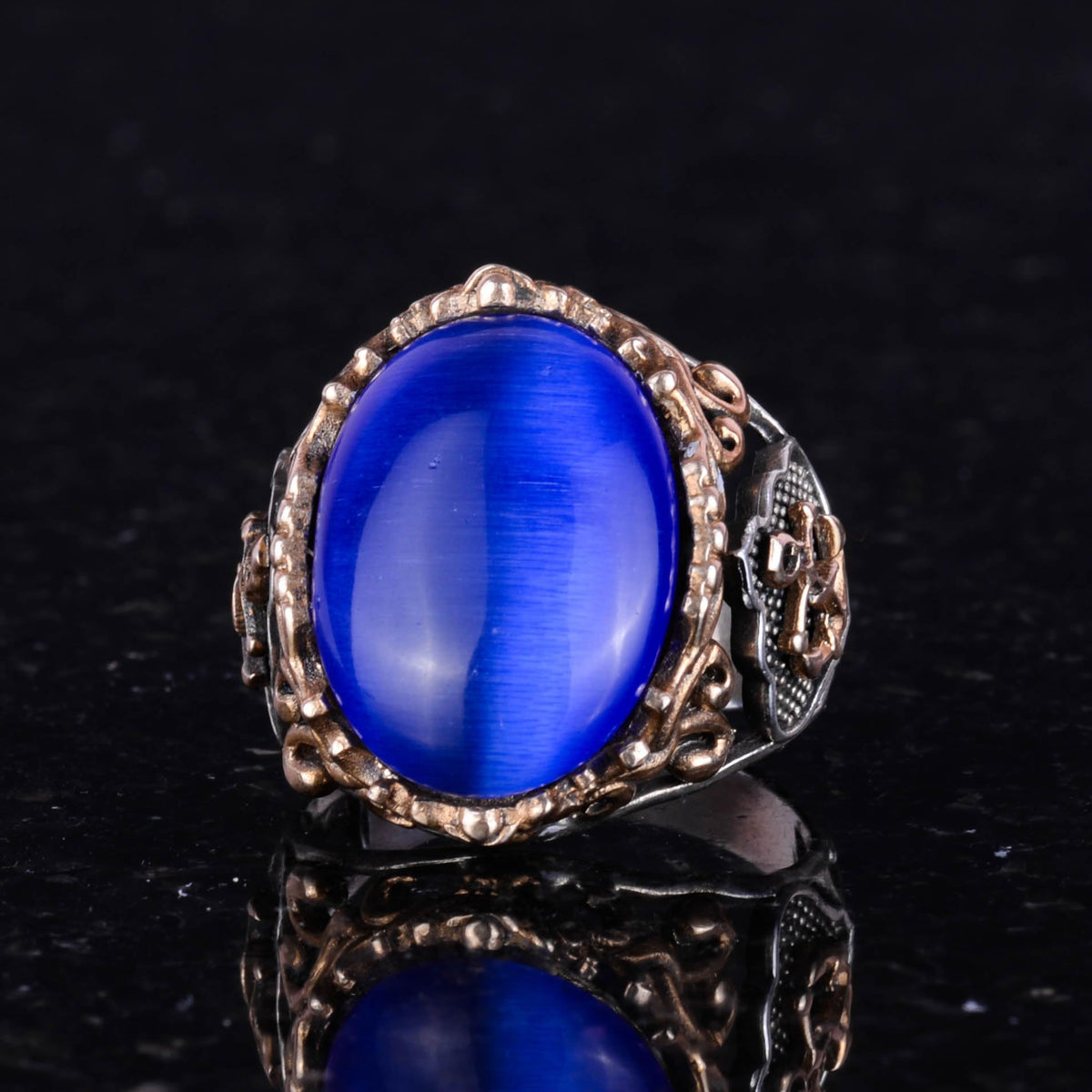 Kambo Synthetic Blue Cat's Eye Stone Sailor Anchor Ring - 925 Sterling Silver Ring — 5