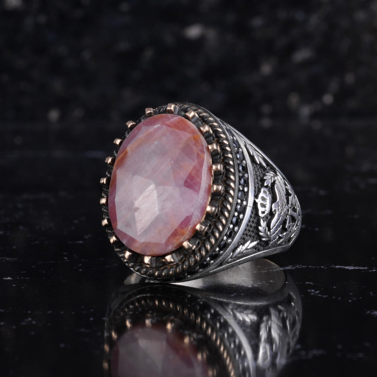 KAMBO Natural Pink Sapphire Stone Ring for Men 925 Sterling Silver Handmade Statement Ring Oval Sapphire — 5