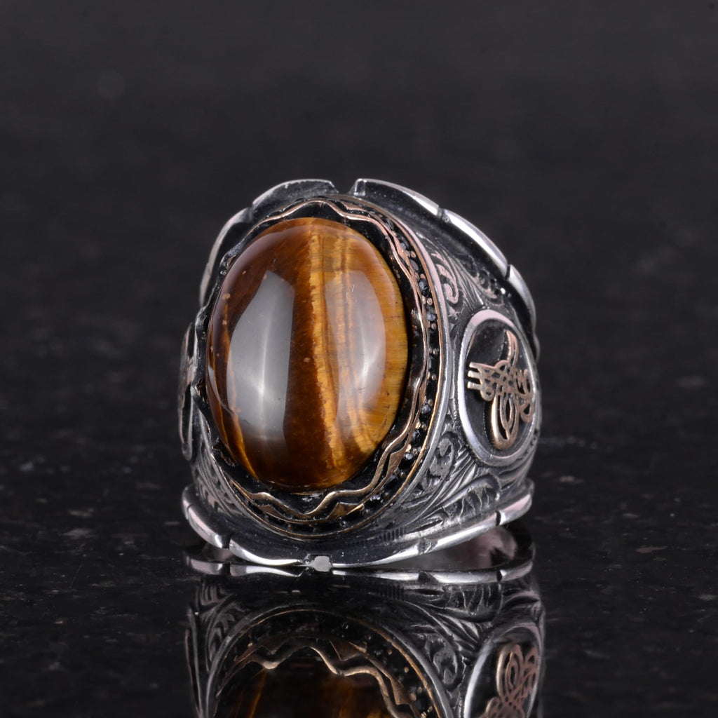 Handcrafted Cabochon Tiger's Eye Stone Ring, 925 Sterling Silver Men's Ring, Stylish Design, Ottoman Tughra Ring — 4