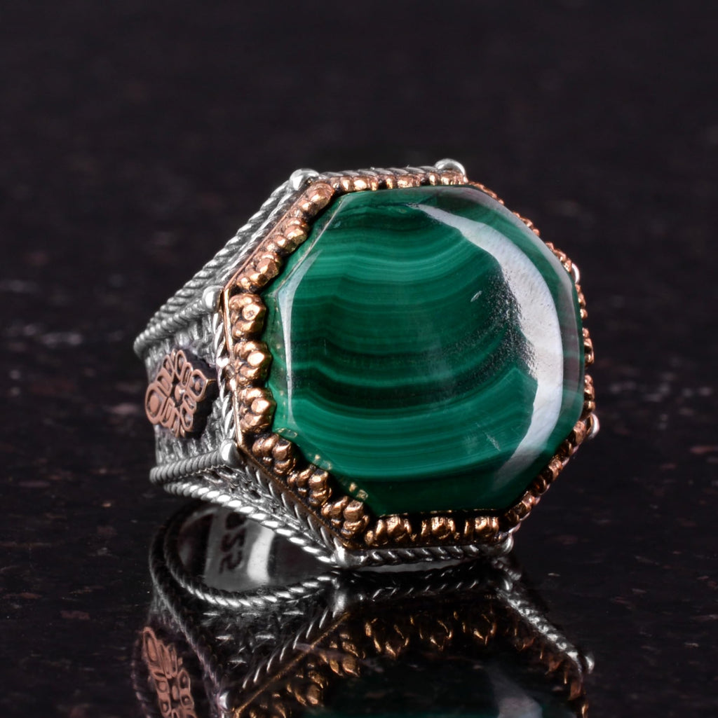 Natural Malachite Stone Octagonal Ring - Handcrafted 925 Sterling Silver Jewelry — 3