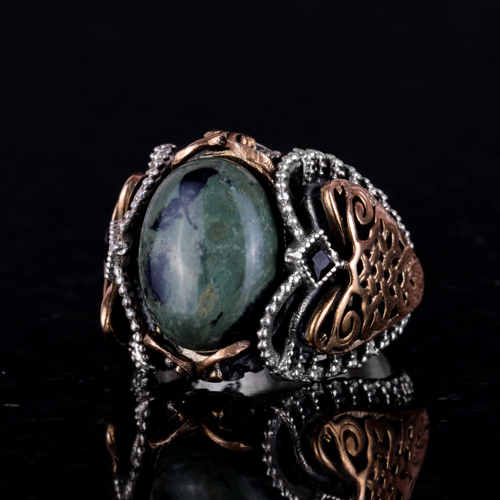 925 Sterling Silver Men's Ring, Handmade Natural Green Eye Stone Ring — 3