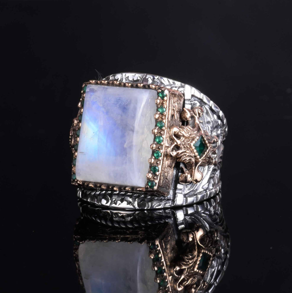 KAMBO Natural Moonstone 925 Sterling Silver Men's Ring – Handmade Ottoman Style Statement Ring – Vintage Turkish Jewelry — 5