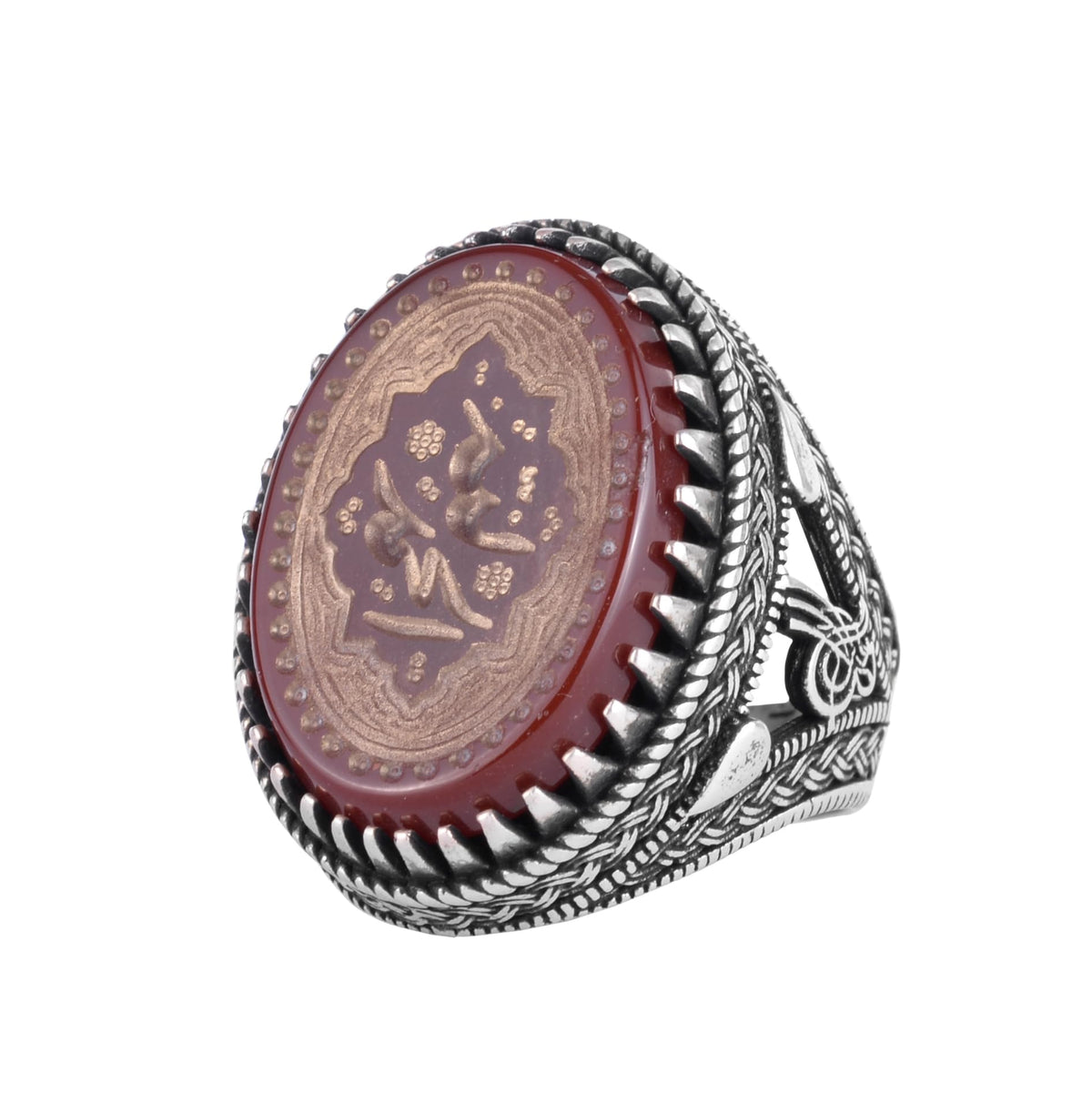 KAMBO Natural Agate Engraved Ottoman Tugra Style Seal Ring 925 Sterling Silver Large Men's Ring Oval Red Stone Handmade Vintage Design (Arabic Calligraphy)