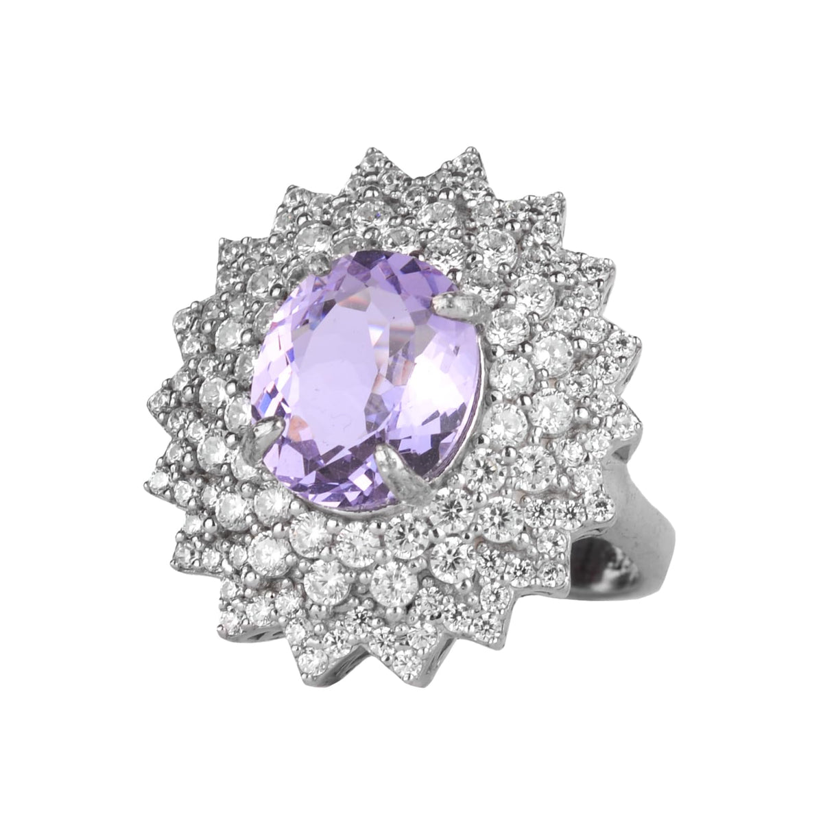 KAMBO 925 Sterling Silver Women's Cocktail Ring – Zircon Halo Created Amethyst Oval Stone – Elegant Statement Jewelry
