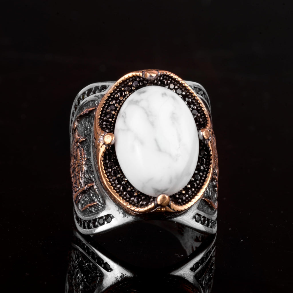 KAMBO Embroidered Natural Howlite Precious Stone Men's Ring, 925 Sterling Silver — 2