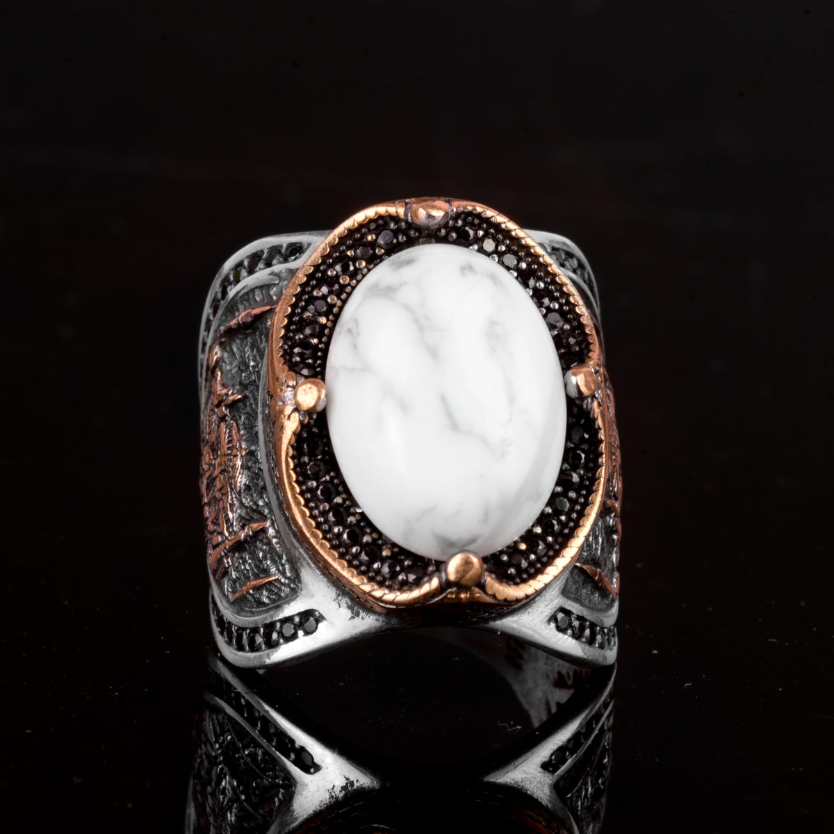 KAMBO Embroidered Natural Howlite Precious Stone Men's Ring, 925 Sterling Silver — 2