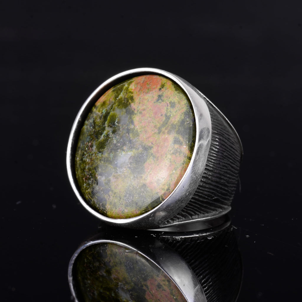 KAMBO 925 Sterling Silver Natural Stone Large Men's Ring – Handmade Round Shape Statement Silver Jewelry (Unakite) — 5
