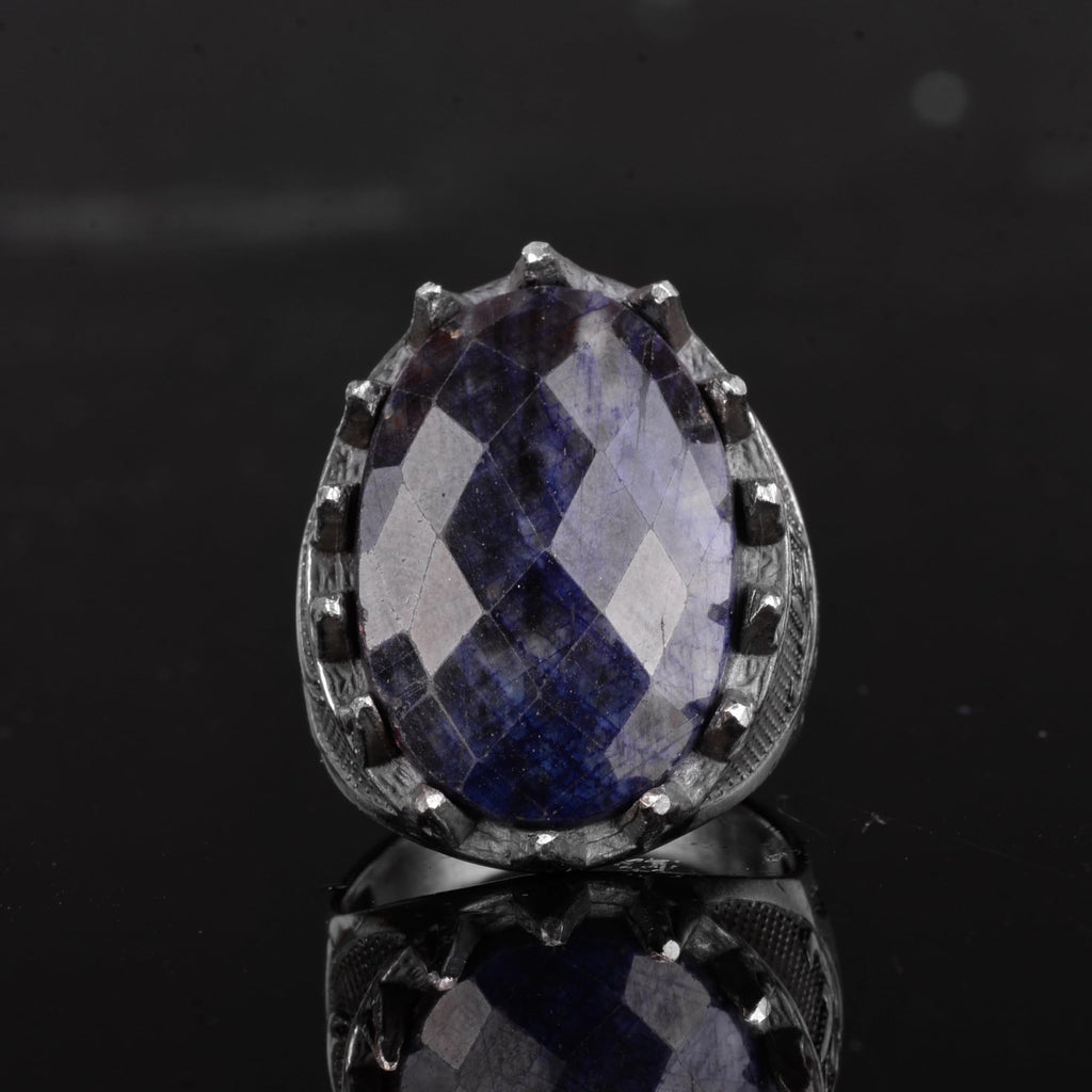 KAMBO Natural Stone Men's Large Ring – 925 Sterling Silver Ottoman Sword Motif Signet Ring (Sapphire) — 4