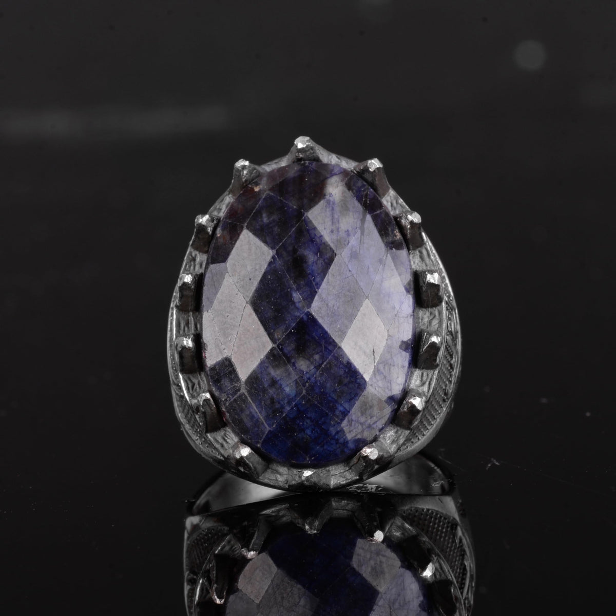 KAMBO Natural Stone Men's Large Ring – 925 Sterling Silver Ottoman Sword Motif Signet Ring (Sapphire) — 4