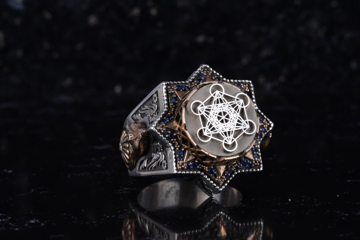 KAMBO Metatron's Cube Star Shaped Men's Ring – 925 Sterling Silver Large Statement Ring – Sacred Geometry Symbol Ring – Handmade Vintage Design — 6