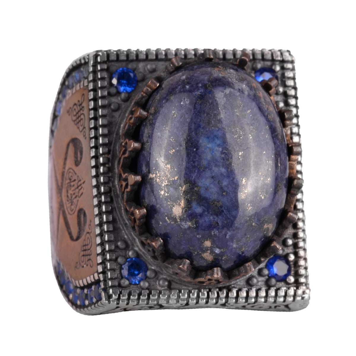 Natural Stone Ring - 925 Sterling Silver Islamic Ring - Handmade Calligraphy Ring (Lapis Lazuli)