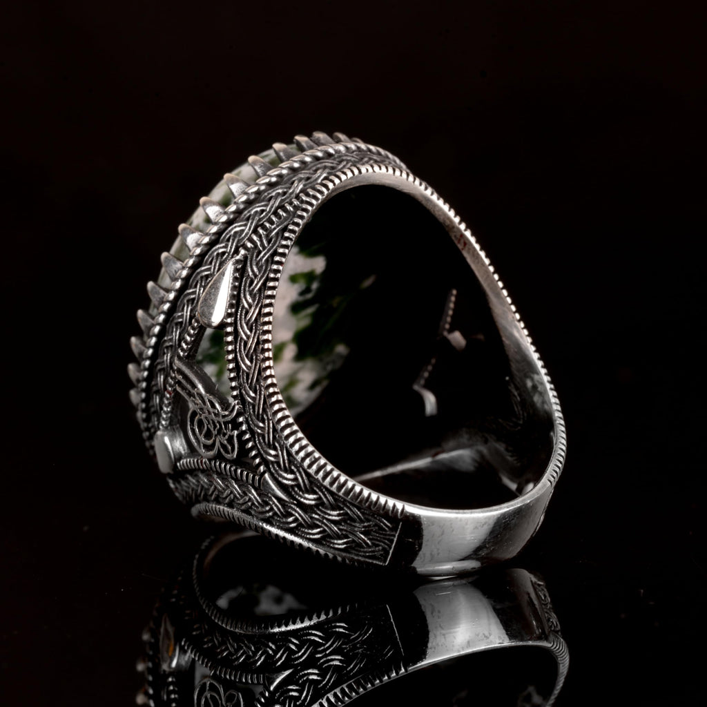 925 Sterling Silver Men's Ring, Natural Jade Ring, Oval Spotted Jade — 6