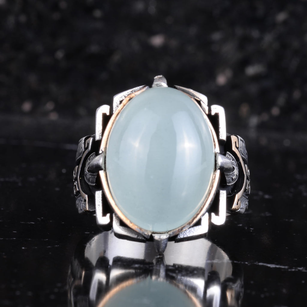 KAMBO Natural Stone Ring 925 Sterling Silver – Handmade Men's Statement Ring Healing Jewelry (Aquamarine) — 4