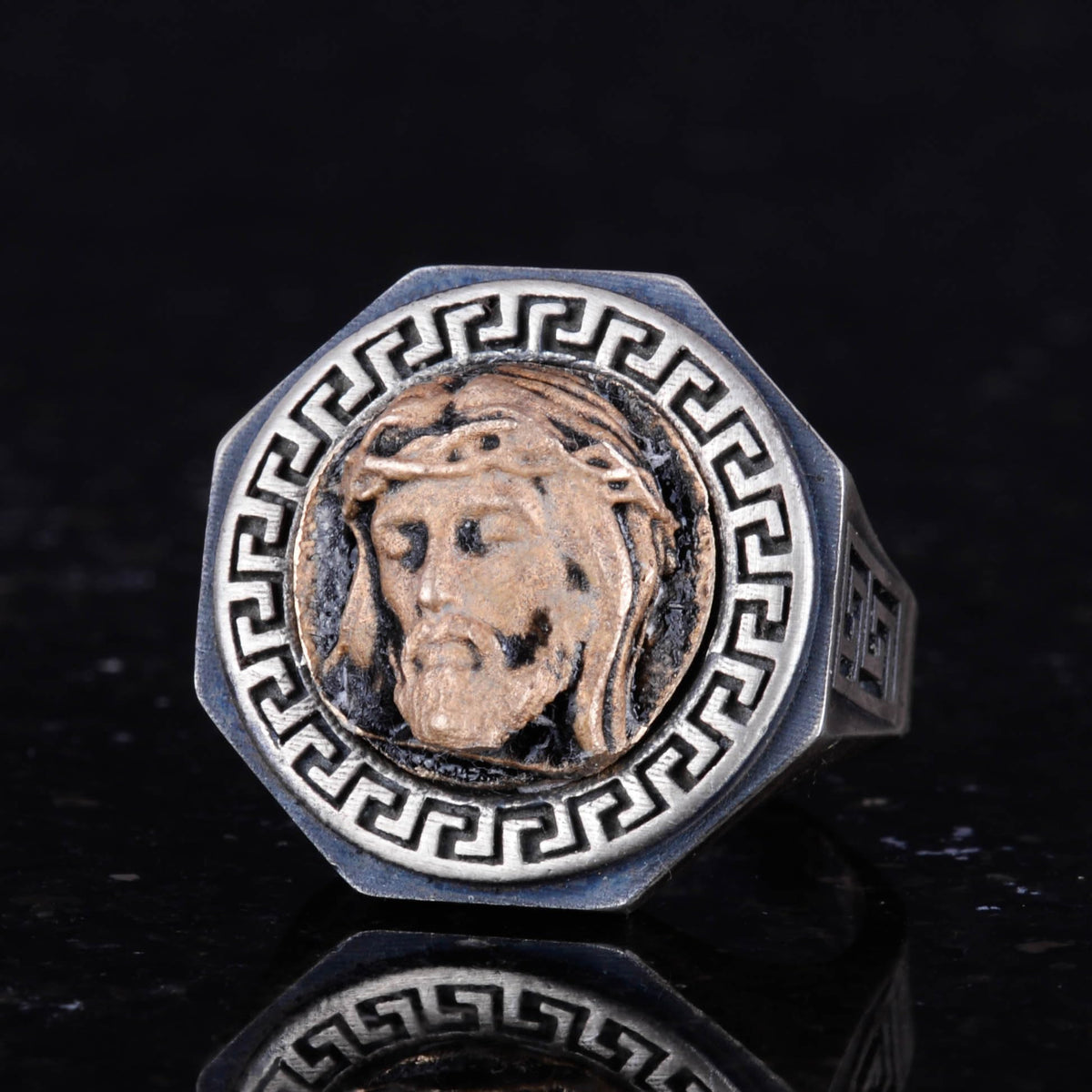 925 Sterling Silver Ring - Men's Ring with Greek Key Design - Handmade Ring (Jesus) — 6