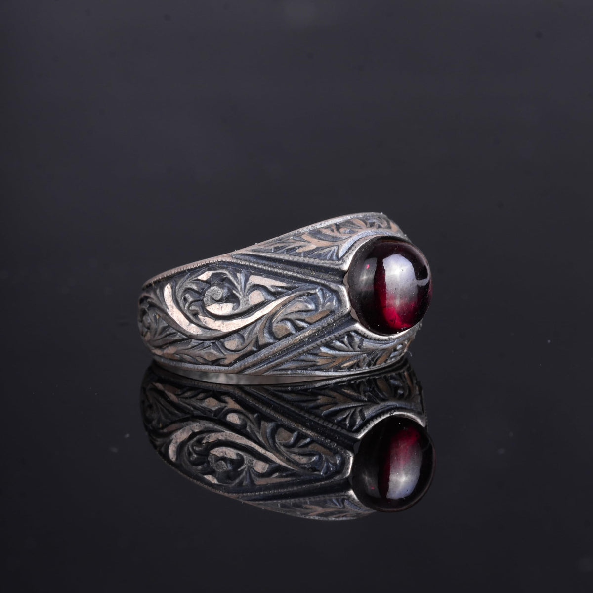 KAMBO Natural Stone Men's Ring – 925 Sterling Silver Minimalist Engraved Band | Handmade Elegant Jewelry (Garnet) — 6
