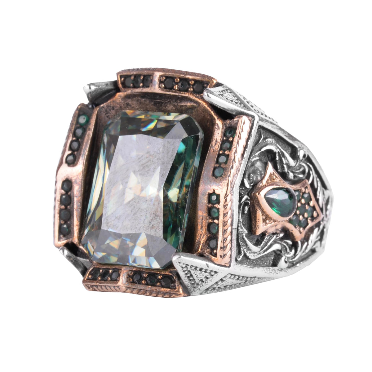 KAMBO Natural Moissanite Stone Men's Ring 925 Sterling Silver Bronze Frame Green Stone Details Handmade Statement Ring