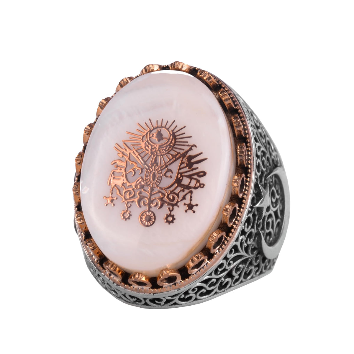 KAMBO Pearl Stone Men's Large Ring – 925 Sterling Silver Star and Moon Side Design (Tughra)