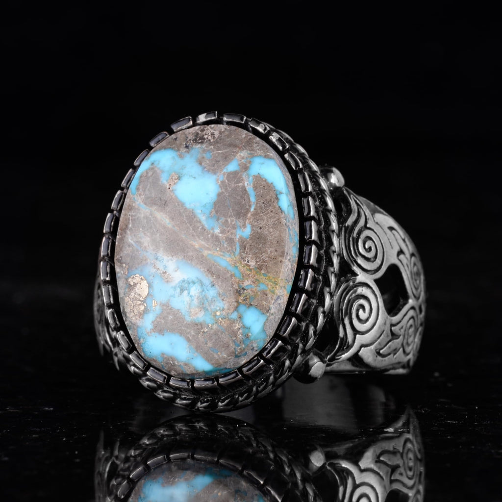 Natural Arizona Turquoise Owl Figure Silver Men's Ring — 6