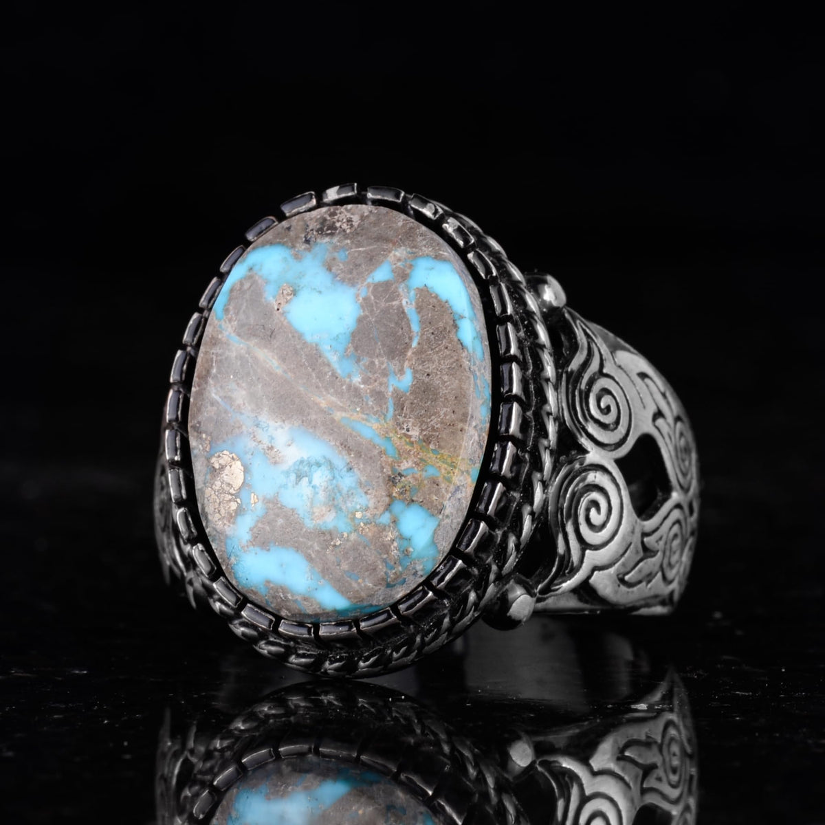 Natural Arizona Turquoise Owl Figure Silver Men's Ring — 6