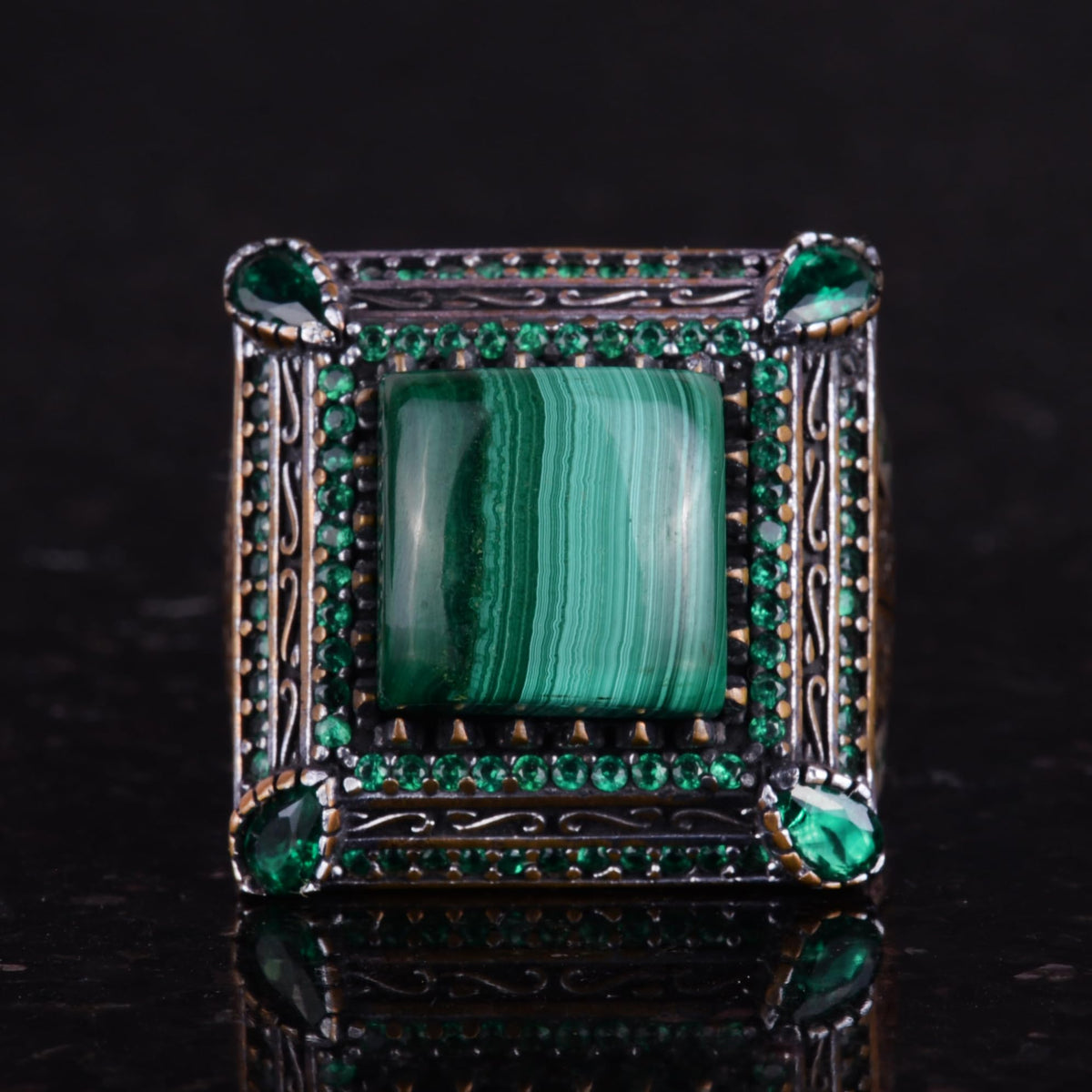 925 Sterling Silver Men's Ring - Natural Malachite Stone, Luxurious and Unique Design — 4