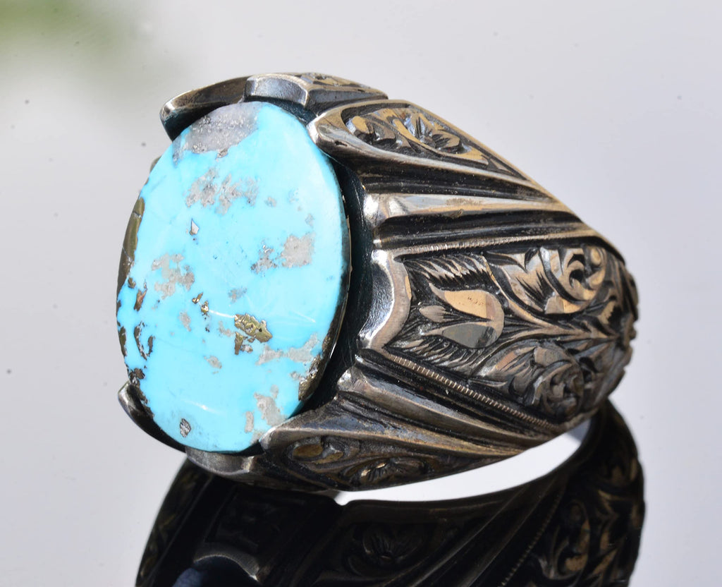 KAMBO Handmade Vintage Men's Ring with Real Natural Arizona Turquoise Stone in 925 Sterling Silver - Statement Style-3 D