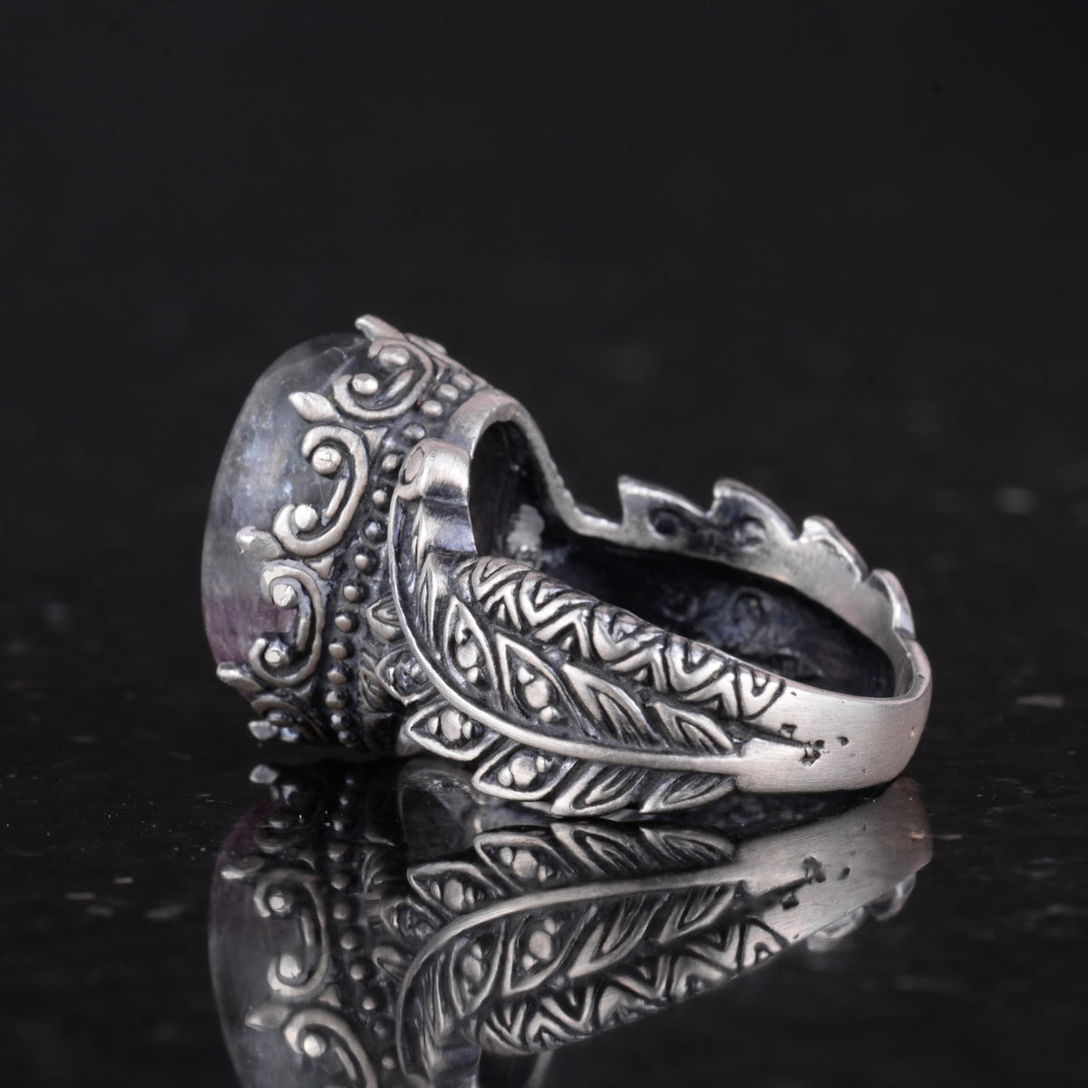 Women's Ring with Natural Fluorite Stone, Vintage Boho Design — 7