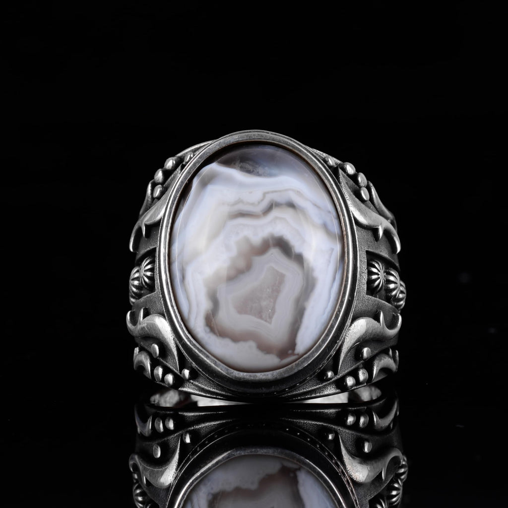 KAMBO Men's Natural Agate Ring – 925 Sterling Silver Flower Pattern Ring – Men's Handmade Vintage Style Statement Ring (Agate-3) — 4